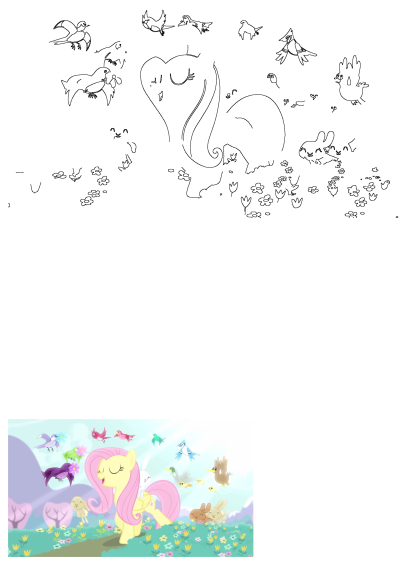 Fluttershy from My Little Pony Friendship Is Magic in line art, smiling with birds, bunnies, and ducks in a field of flowers.
