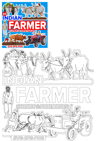 Vibrant Indian farmer clipart & printable outlines featuring farmers with bullock carts, plowing oxen, and tractors, available in SVG, EPS, PNG.