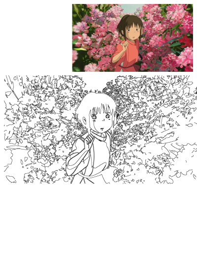 Spirited Away's Chihiro stands among lush pink flowers in a vibrant illustration, shown above its crisp line art version.