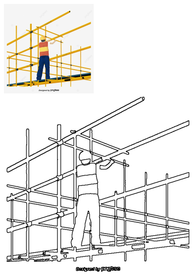 Illustration of a construction worker wearing a hard hat and safety vest, diligently working on a bright yellow construction scaffold.