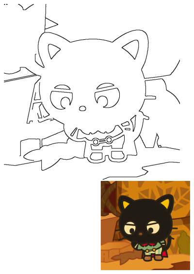 Outline of a cute cartoon black cat character with yellow ears and eyes, wearing a cape and green outfit, standing on a wooden floor.