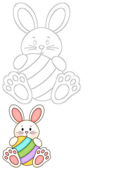 This image features a charming Easter bunny holding a colorful striped egg, alongside an outline version for creative activities.