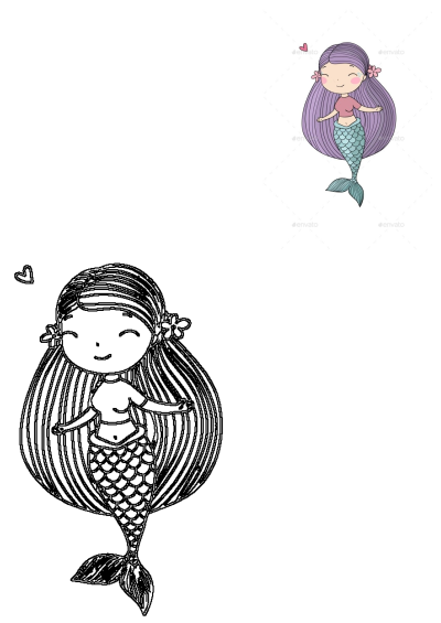 A cute little mermaid with purple hair and pink shirt, featured with a black and white outline version for creative activities.