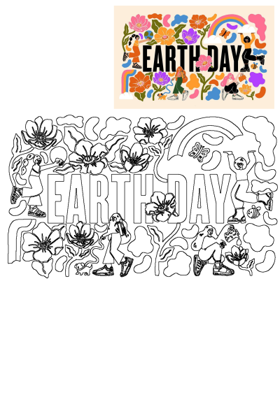 Colorful Earth Day illustration featuring flowers, diverse people, and a rainbow, presented with its black outline version for creative activities.