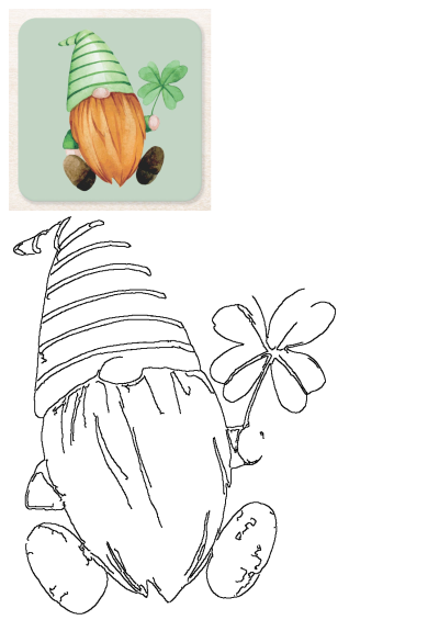 Watercolor St Patrick's Day gnome coaster with an orange beard, striped green hat, and a lucky shamrock on a light green background.