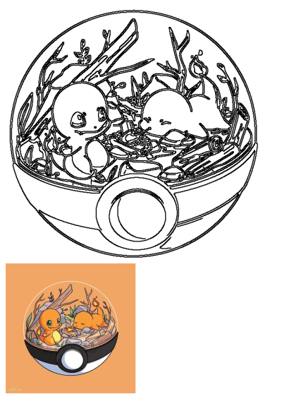 Charmander Pokemon Terrarium Bowl Art featuring two cute Charmanders nestled in a Pokeball-shaped terrarium with logs and plants.