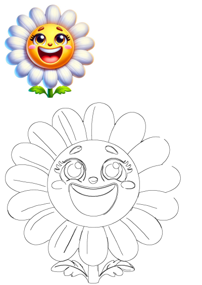 A cute and cheerful daisy flower clipart with a happy smiling face, accompanied by its printable black-and-white outline drawing, suitable for various art projects.