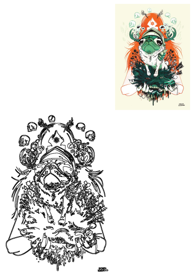 Striking artistic illustration of a regal green and white pug king in a helmet, surrounded by mystical skulls, birds, and dark foliage.