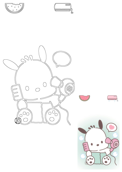Pochacco cartoon character with a pink hair dryer & comb. Features outline and color versions, plus watermelon & AC icons.