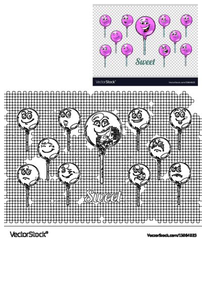 Cartoon sweet lollipops with diverse emotional expressions. Features both colorful illustrations and a black outline version on a grid.