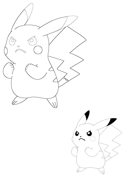 Black and white outline illustration of an angry Pikachu Pokemon with a fierce expression and clenched fists.