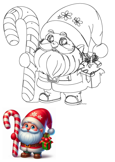 Cute Santa Gnome With Candy Cane And Christmas Gift line art. An adorable holiday drawing perfect for creative coloring fun.