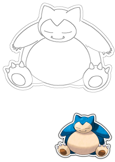 An isolated Snorlax Pokemon sitting sticker with an accompanying Snorlax outline drawing for coloring.
