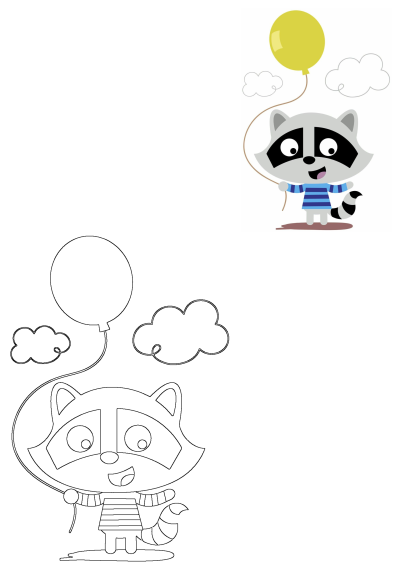 A cheerful cartoon raccoon in a striped shirt holds a yellow balloon, alongside a black and white outline version for coloring.
