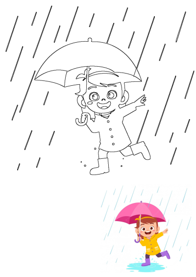 Happy girl in a yellow raincoat and purple boots, holding a pink umbrella, joyfully splashing in a puddle during a rainy day.