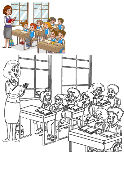 A cheerful teacher reads an engaging story from a book to a group of happy, attentive students in a bright classroom setting.