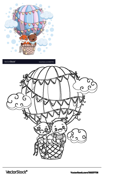 Cute animals in a hot air balloon. An adorable fox and bear float in a pastel striped balloon decorated with bunting.