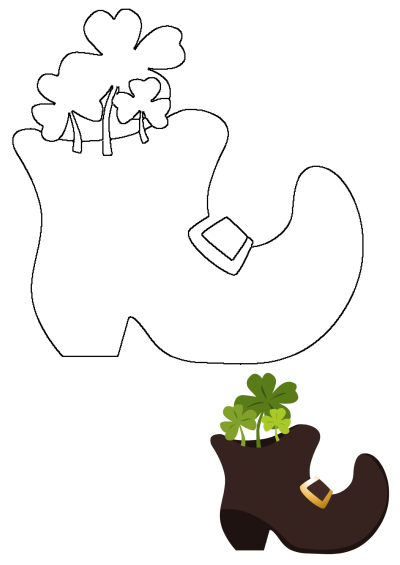 An outline of a St. Patrick's Day leprechaun shoe plant pot for crafts, with shamrocks and a small colored example.