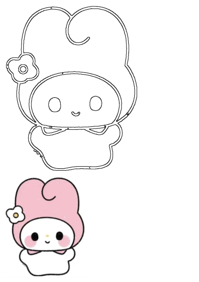 Cute My Melody drawing of the Sanrio character, featuring both a colorful kawaii version and a black outline design.