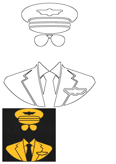 Iconic pilot uniform illustration featuring a captain's hat, aviator sunglasses, suit, tie, and a classic pilot wing badge.