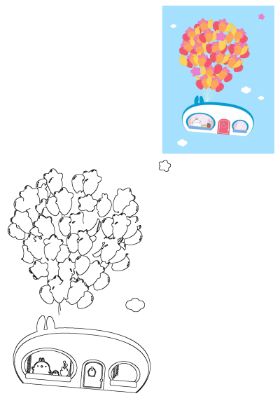 A whimsical cartoon house with bunny ears flying in a blue sky, carried by colorful balloons. Cute characters in windows, includes outline art.