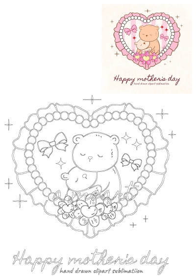 Cute Mother's Day card art: a brown mama bear hugging her cub inside a pink heart frame adorned with pearls, bows, and flowers.