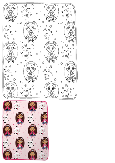 Gabby's Dollhouse patterned blanket for kids, featuring Gabby sitting with cat ears and Pandy Paws on a pink star background.