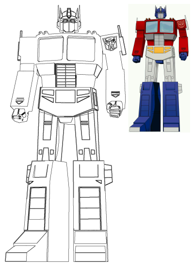 Optimus Prime, Transformers Autobot Leader, shown as black and white line art and a vibrant full-color cartoon illustration.