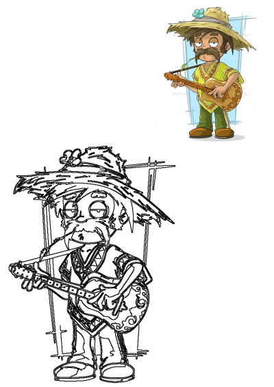 A charming cartoon folk musician, wearing a straw hat and mustache, playing a guitar, featured with its detailed outline version.