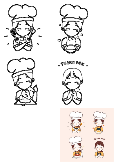 Illustrations of cartoon chef characters expressing gratitude and culinary actions. Features both black and white outlines and colored versions.
