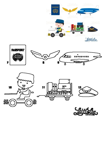 Airport clipart collection featuring airplane, luggage, passport, pilot, ground crew, wings, and hat, presented in both color and outline versions.