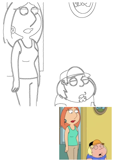 An outline drawing depicting Lois and Chris Griffin from Family Guy in a funny cartoon moment, accompanied by a small colored reference.