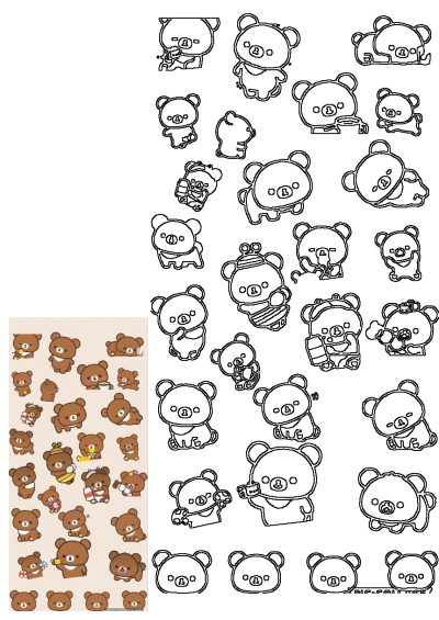 A collection of cute brown bear stickers and outline art, showcasing varied expressions and poses including sleeping, eating, and drinking.