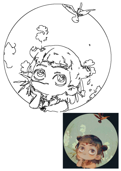 A charming illustration of a cute chibi girl with big eyes, looking up at a flying bird. She has a leaf in her mouth and is framed by delicate flowers, showcasing a whimsical art style.