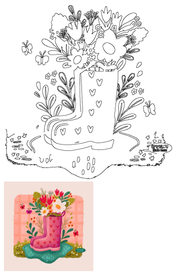 A vibrant pink boot filled with colorful flowers and green foliage sits on a green patch, adorned with butterflies, against a charming tiled wall.