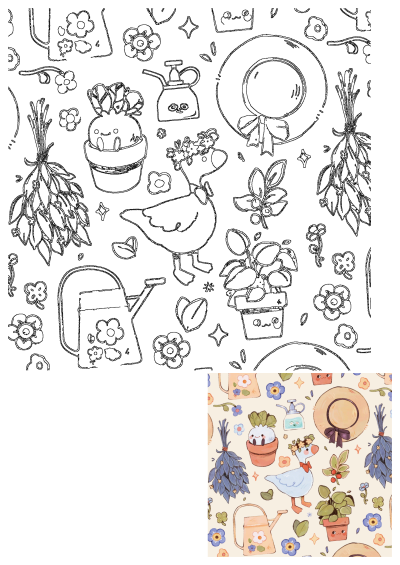 A charming seamless pattern with a cute goose wearing a flower crown, watering can, gardening hat, and potted plants.