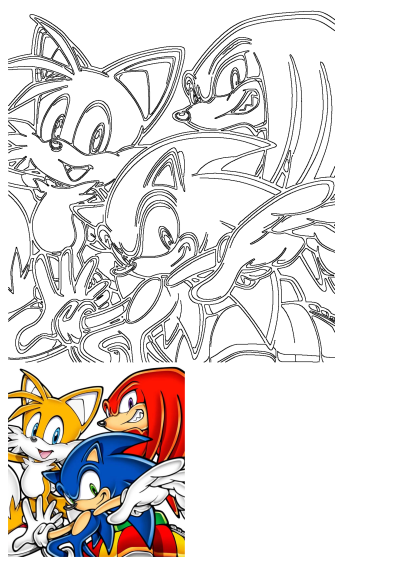 Sonic The Hedgehog, Tails, and Knuckles unite in this dynamic cartoon image, presented as both black outline art and full color.