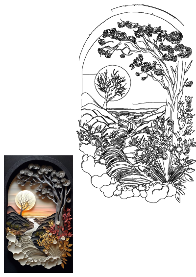 Serene paper quilling art landscape featuring layered mountains, a winding river, stylized trees, and a warm sunset.