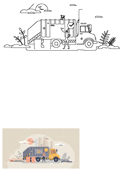 Illustration of a city garbage truck worker managing waste and recycling operations in an urban environment.