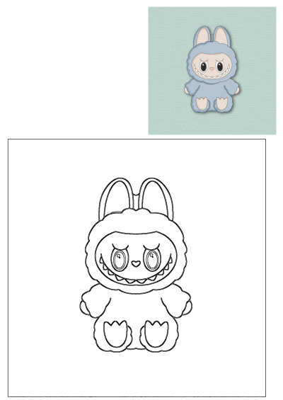A blue bunny costume stuffed animal with big eyes and a spooky smile. Includes a colored illustration and a black-and-white outline.
