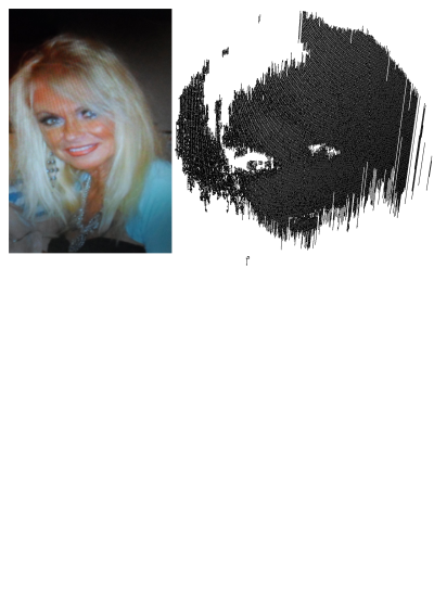 Artbyjoan portrait of a smiling woman with blonde hair, blue eyes, and silver jewelry against a dark background.