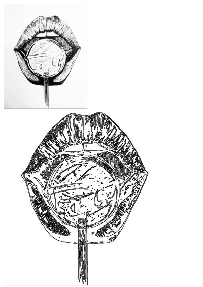 A striking black and white drawing of sensual lips holding a classic round lollipop, rendered with intricate detail and expressive lines.