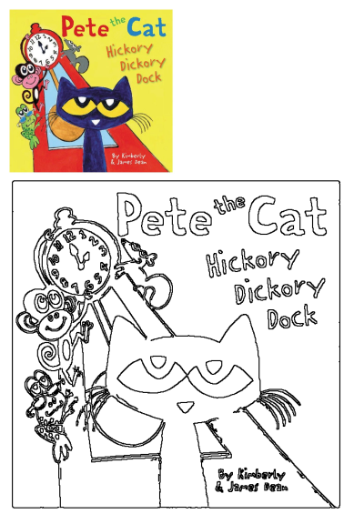 Pete the Cat Hickory Dickory Dock book cover by Kimberly and James Dean, alongside its black and white outline art.
