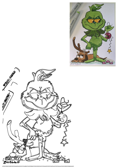 A Grinch cartoon drawing with Max the dog, showing the Grinch holding a broken Christmas ornament and Max wearing antlers.