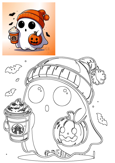 A cozy Halloween ghost wearing an orange beanie, holding a pumpkin and a pumpkin spice coffee, with bats flying.