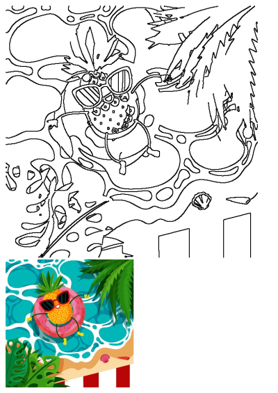 Top-down view of a cartoon pineapple with sunglasses, floating on a pink raft in blue water at a summer beach with palm leaves and sand.