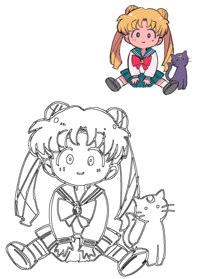 Sailor Moon Chibi With Luna Cute Anime Fanart shows a cheerful Usagi with her guardian cat, Luna, both in color and as an outline for creative coloring.