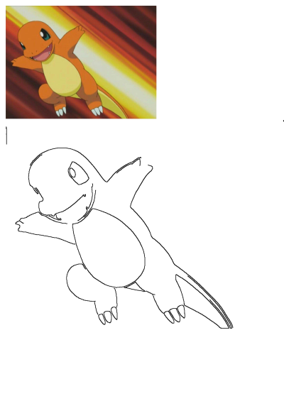 A close-up of the orange Charmander Pokemon cartoon character smiling with arms out, next to a black and white outline.