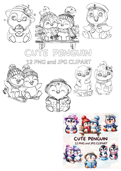 Cute cartoon penguin clipart outlines feature designs like penguins on a bench, a sailor, a reader, and more adorable poses, perfect for digital projects.