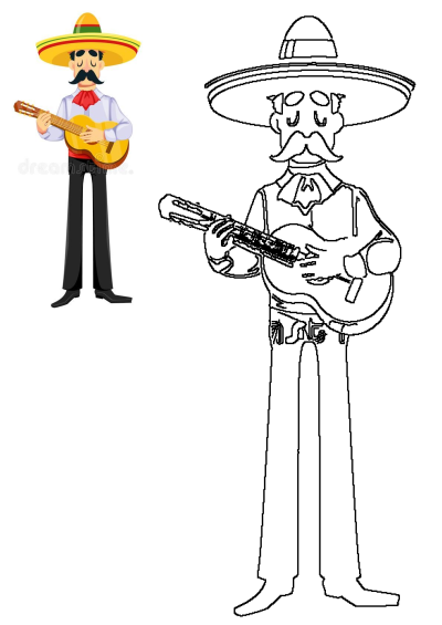 Vibrant cartoon illustration of a Mexican man wearing a sombrero and mustache, playing a guitar, with a black and white line art version.